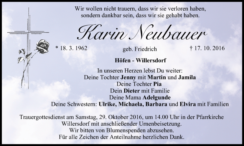  Traueranzeige für Karin Neubauer vom 26.10.2016 aus MGO