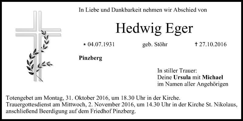  Traueranzeige für Hedwig Eger vom 29.10.2016 aus MGO