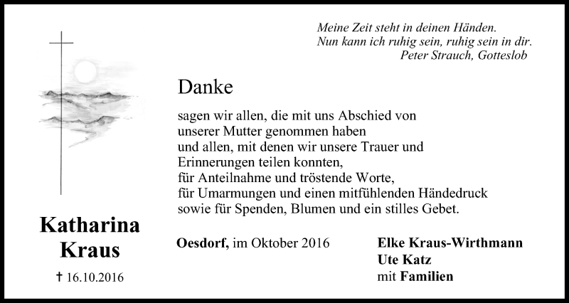  Traueranzeige für Katharina Kraus vom 29.10.2016 aus MGO