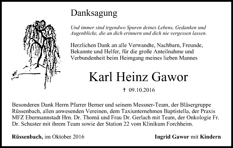  Traueranzeige für Karl Heinz Gawor vom 29.10.2016 aus MGO