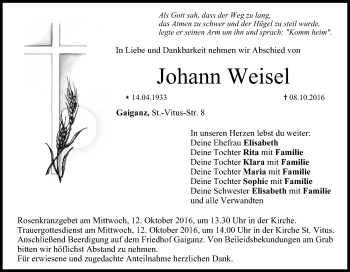 Anzeige von Johann Weisel von MGO