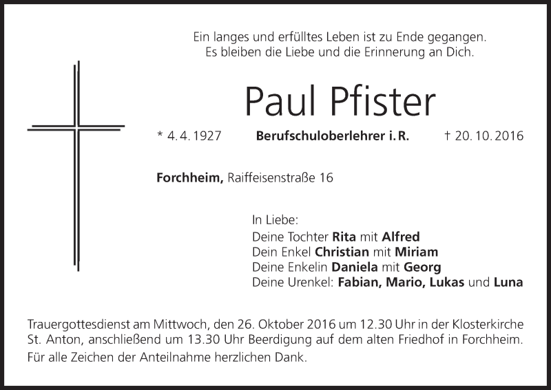  Traueranzeige für Paul Pfister vom 24.10.2016 aus MGO