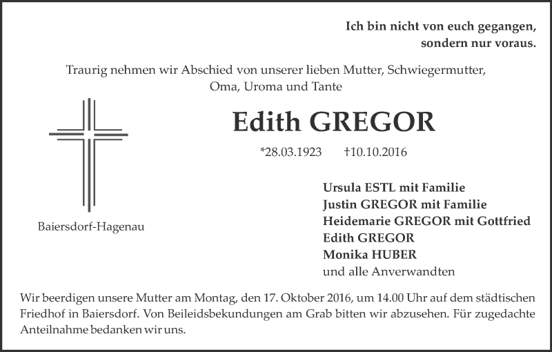  Traueranzeige für Edith Gregor vom 15.10.2016 aus MGO