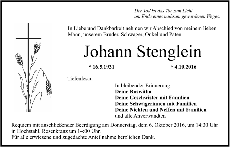  Traueranzeige für Johann Stenglein vom 05.10.2016 aus MGO