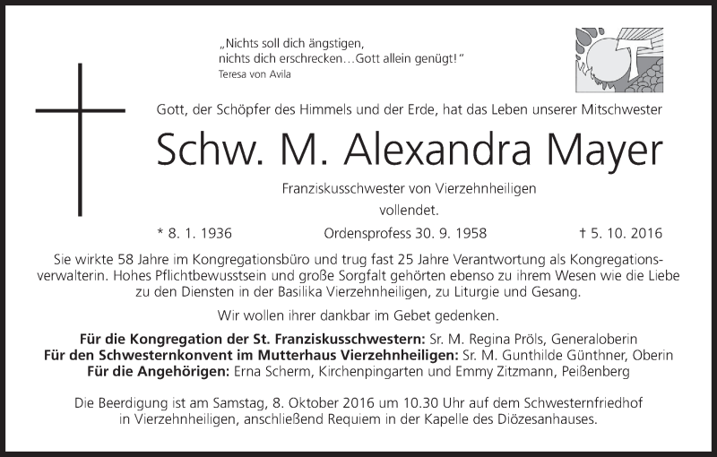  Traueranzeige für Alexandra Mayer vom 07.10.2016 aus MGO