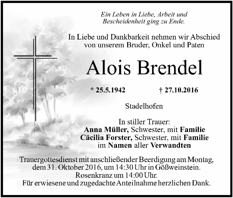  Traueranzeige für Alois Brendel vom 29.10.2016 aus MGO