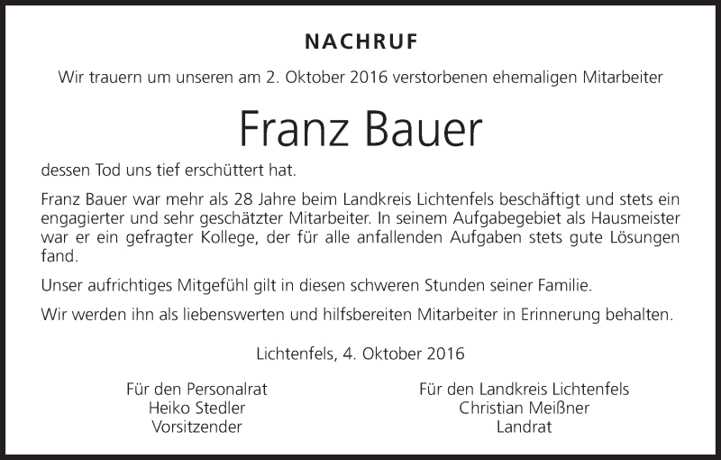  Traueranzeige für Franz Bauer vom 06.10.2016 aus MGO