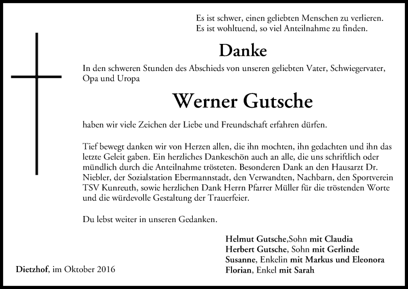  Traueranzeige für Werner Gutsche vom 08.10.2016 aus MGO