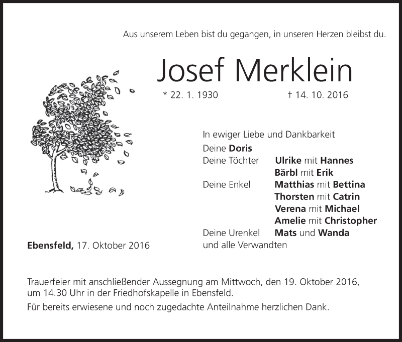  Traueranzeige für Josef Merklein vom 17.10.2016 aus MGO