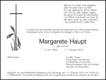 Anzeige von Margarete Haupt von MGO