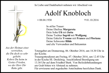 Anzeige von Adolf Knobloch von MGO