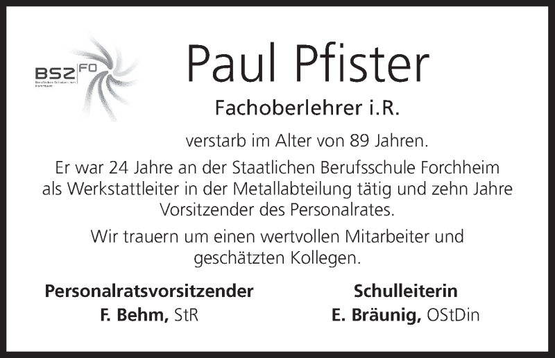  Traueranzeige für Paul Pfister vom 26.10.2016 aus MGO