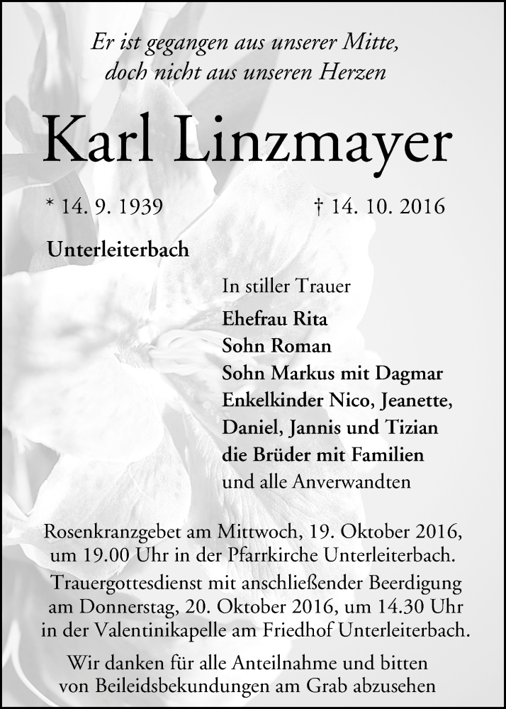  Traueranzeige für Karl Linzmayer vom 17.10.2016 aus MGO