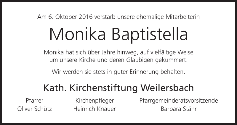  Traueranzeige für Monika Baptistella vom 13.10.2016 aus MGO