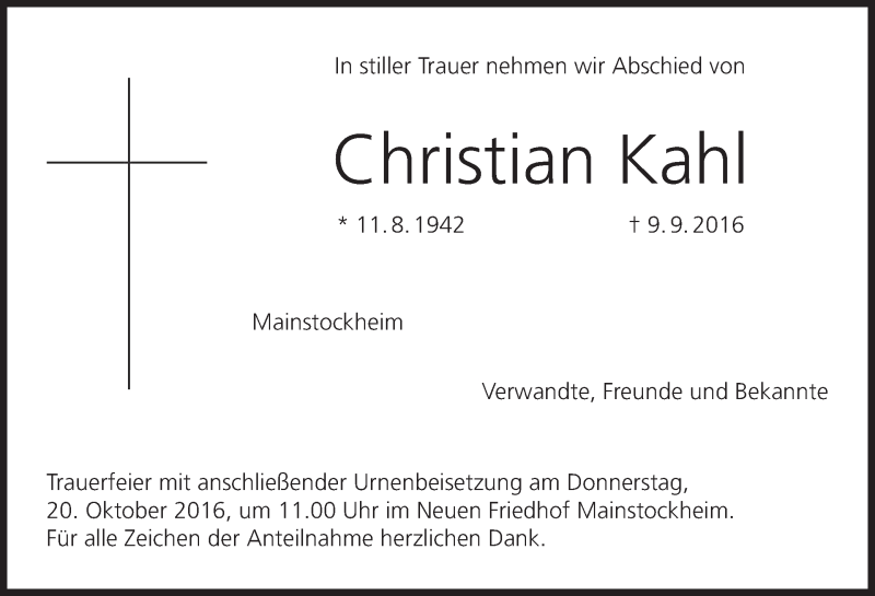  Traueranzeige für Christian Kahl vom 18.10.2016 aus MGO