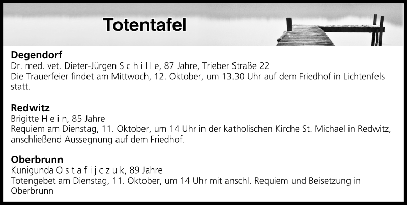  Traueranzeige für Totentafel vom 08.10.2016 vom 08.10.2016 aus MGO