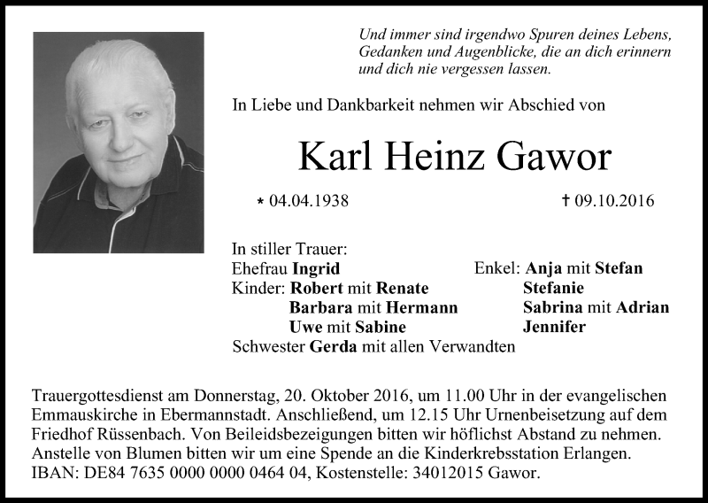  Traueranzeige für Karl Heinz Gawor vom 18.10.2016 aus MGO