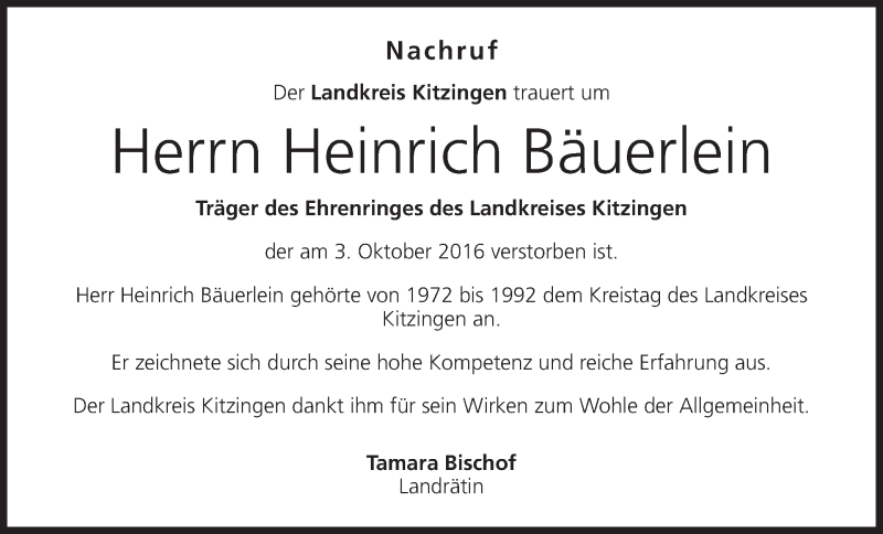  Traueranzeige für Heinrich Bäuerlein vom 06.10.2016 aus MGO