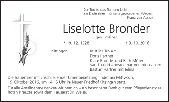 Anzeige von Liselotte Bronder von MGO