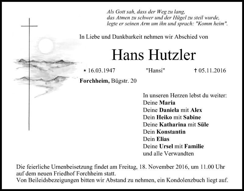  Traueranzeige für Hans Hutzler vom 16.11.2016 aus MGO