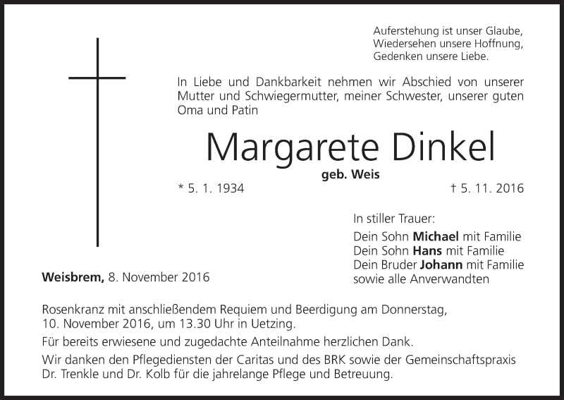  Traueranzeige für Margarete Dinkel vom 08.11.2016 aus MGO