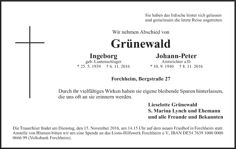  Traueranzeige für Johann-Peter Grünewald vom 12.11.2016 aus MGO