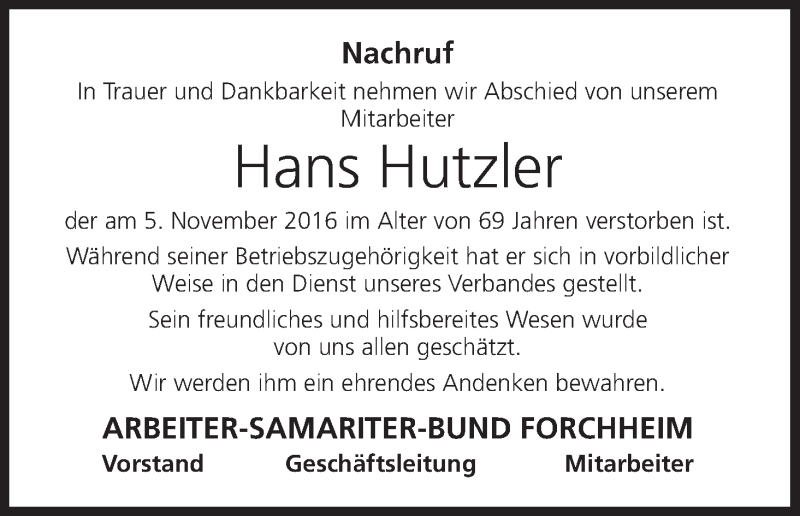  Traueranzeige für Hans Hutzler vom 17.11.2016 aus MGO