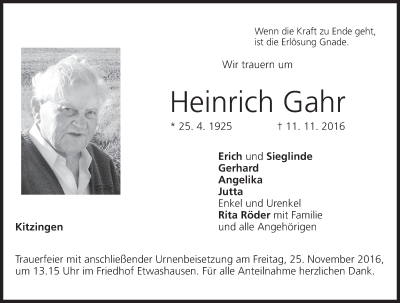  Traueranzeige für Heinrich Gahr vom 19.11.2016 aus MGO