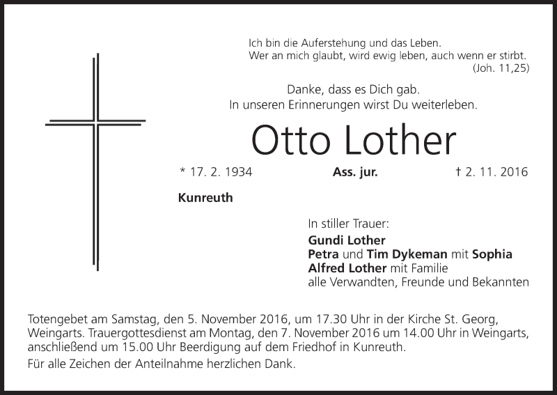  Traueranzeige für Otto Lother vom 05.11.2016 aus MGO