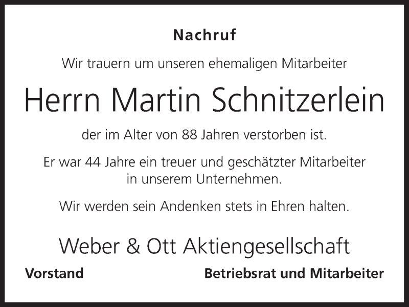  Traueranzeige für Martin Schnitzerlein vom 09.11.2016 aus MGO