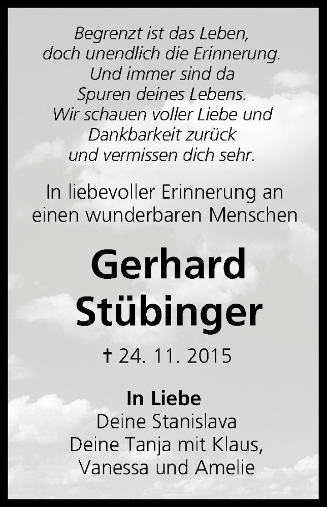  Traueranzeige für Gerhard Stübinger vom 24.11.2016 aus MGO