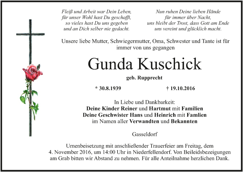  Traueranzeige für Gunda Kuschick vom 01.11.2016 aus MGO