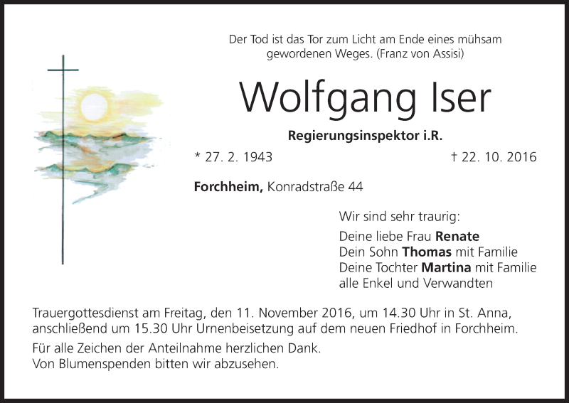  Traueranzeige für Wolfgang Iser vom 05.11.2016 aus MGO