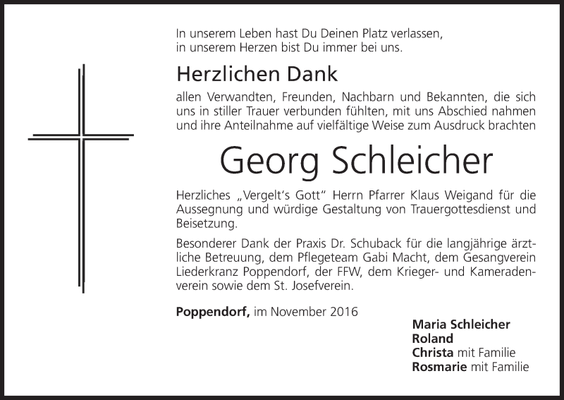  Traueranzeige für Georg Schleicher vom 26.11.2016 aus MGO