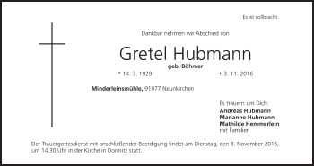 Anzeige von Gretel Hubmann von MGO
