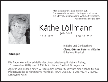 Anzeige von Käthe Löllmann von MGO