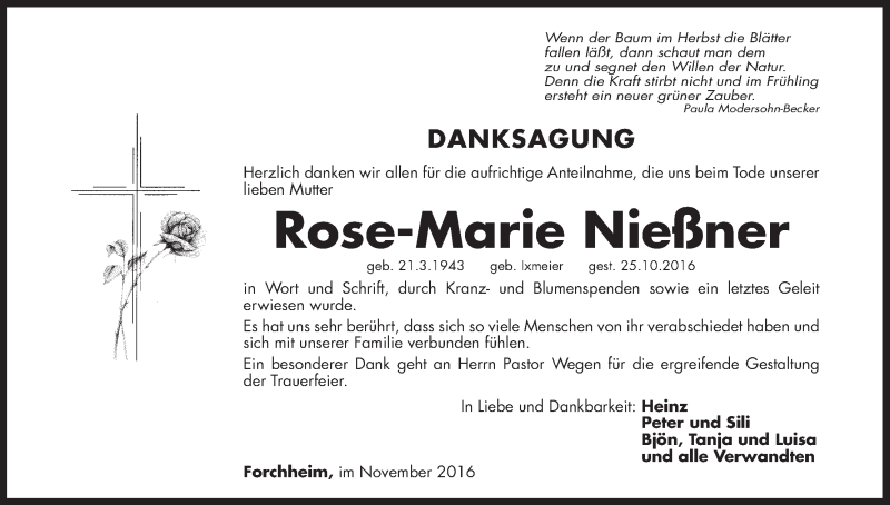  Traueranzeige für Rose-Marie Nießner vom 12.11.2016 aus MGO