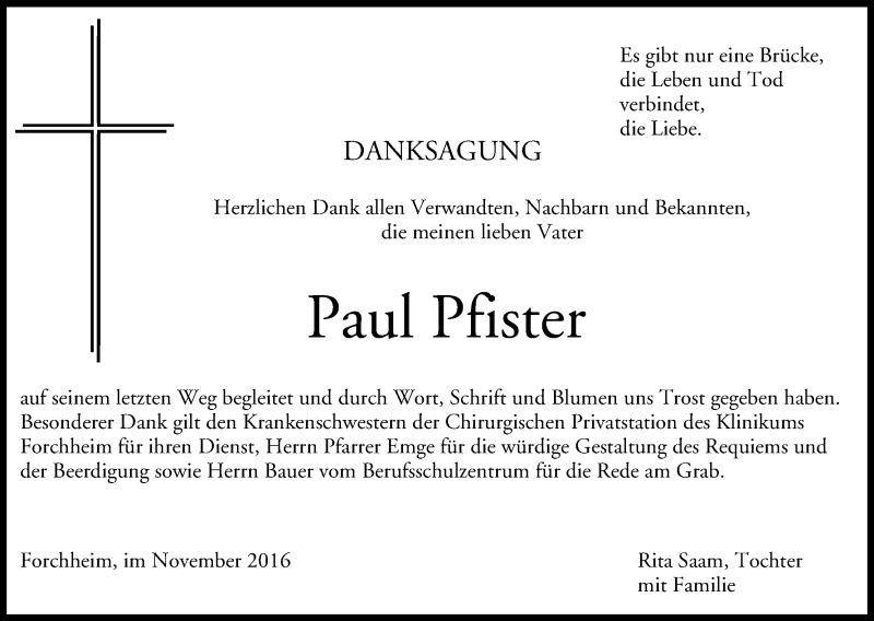  Traueranzeige für Paul Pfister vom 05.11.2016 aus MGO