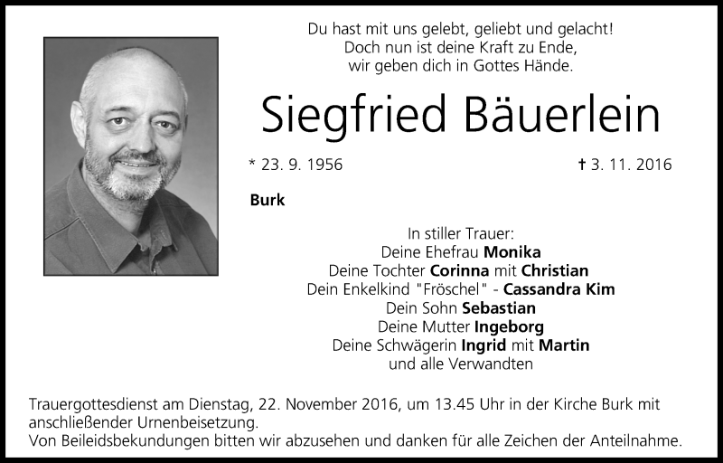  Traueranzeige für Siegfried Bäuerlein vom 19.11.2016 aus MGO