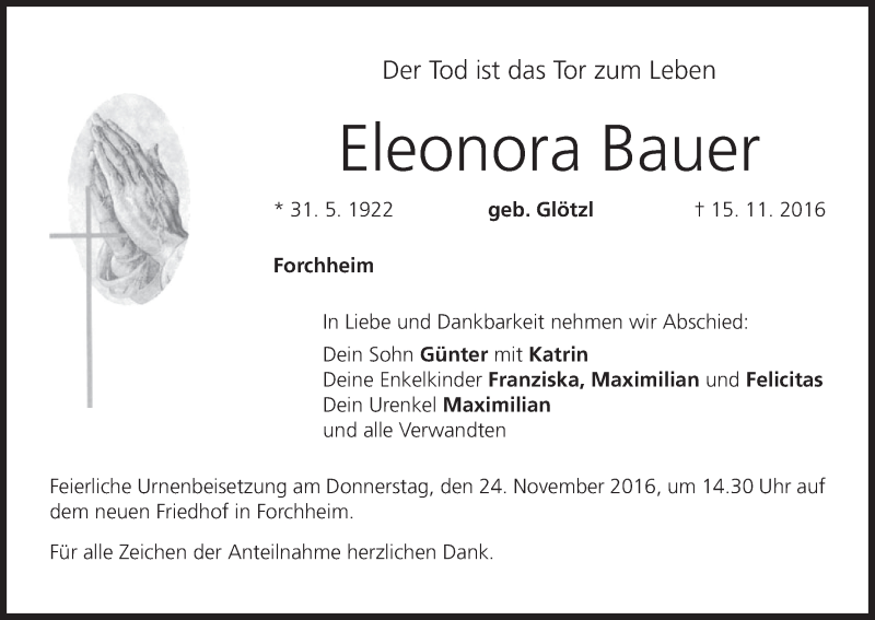  Traueranzeige für Eleonora Bauer vom 19.11.2016 aus MGO