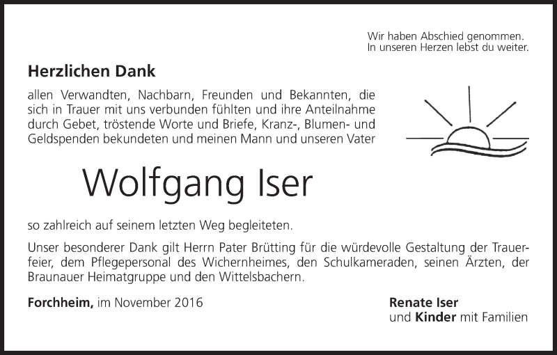  Traueranzeige für Wolfgang Iser vom 26.11.2016 aus MGO