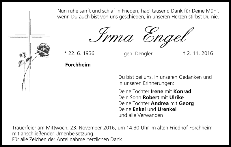  Traueranzeige für Irma Engel vom 19.11.2016 aus MGO