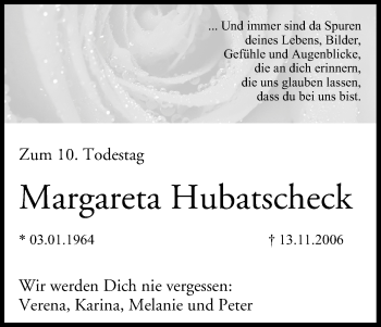 Anzeige von Margareta Hubatscheck von MGO