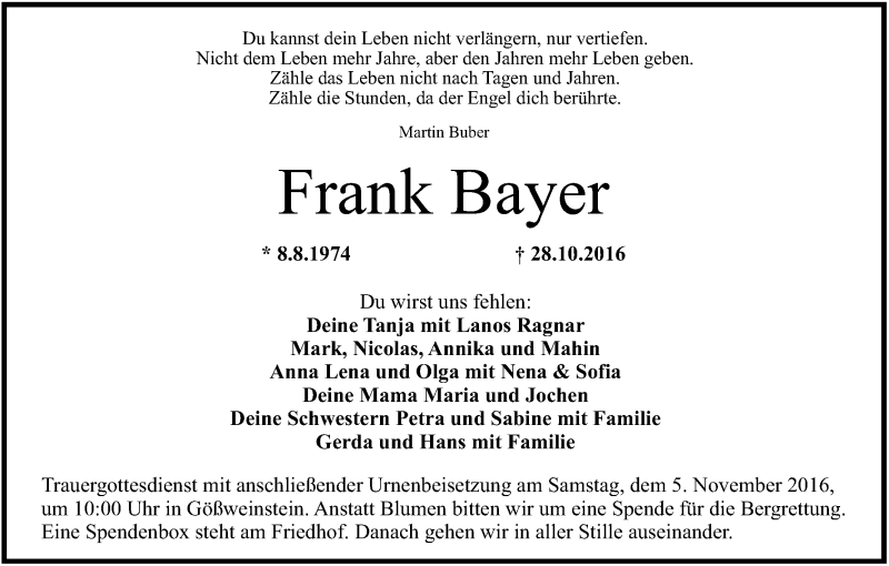  Traueranzeige für Frank Bayer vom 01.11.2016 aus MGO