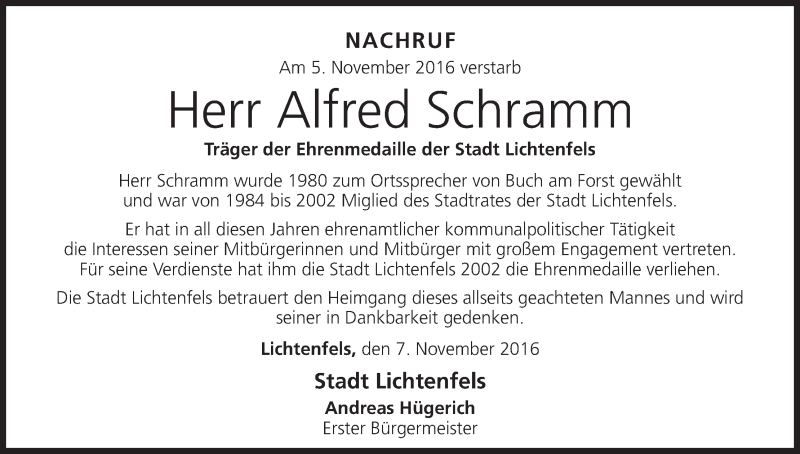  Traueranzeige für Alfred Schramm vom 08.11.2016 aus MGO
