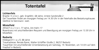Anzeige von Totentafel vom 17.11.2016 von MGO