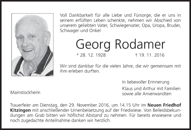  Traueranzeige für Georg Rodamer vom 26.11.2016 aus MGO