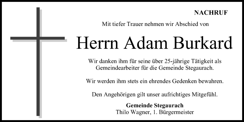  Traueranzeige für Adam Burkard vom 03.11.2016 aus MGO