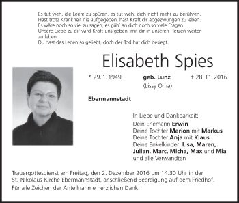 Anzeige von Elisabeth Spies von MGO