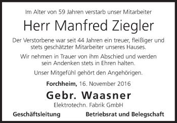 Anzeige von Manfred Ziegler von MGO